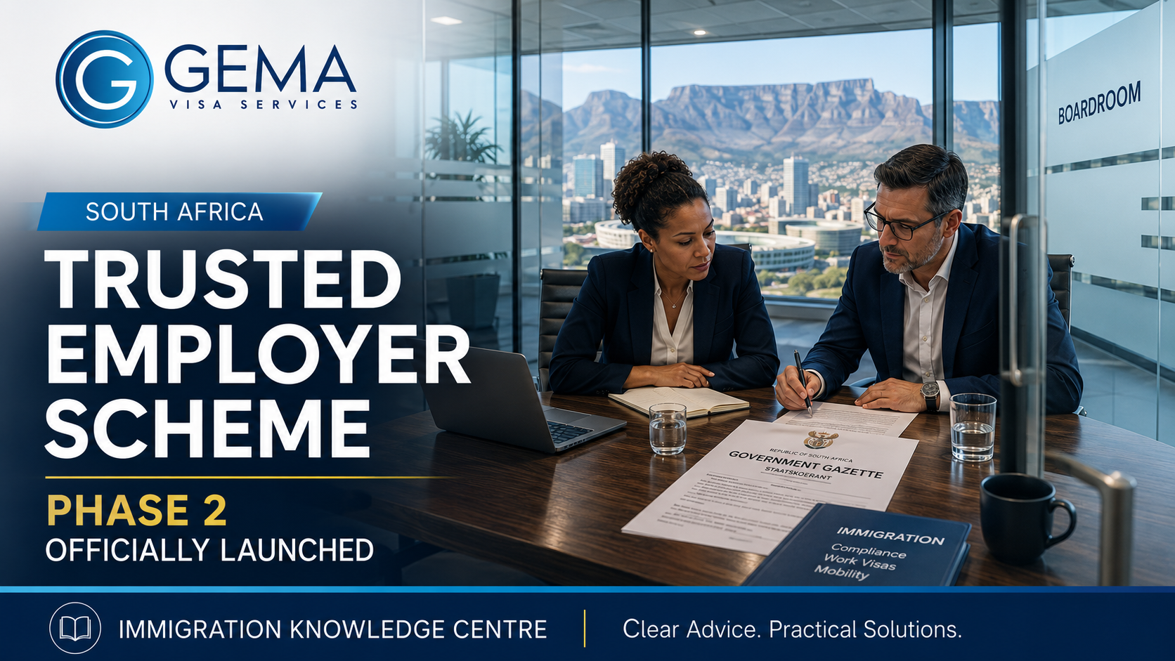 HR executives reviewing South Africa's Trusted Employer Scheme Phase 2 Government Gazette in a Cape Town boardroom.