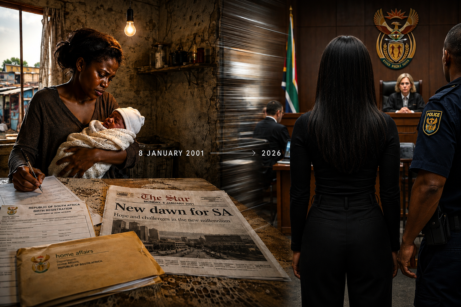 Concept image showing a mother with a newborn in 2001 transitioning to an adult woman before a South African court in 2026.