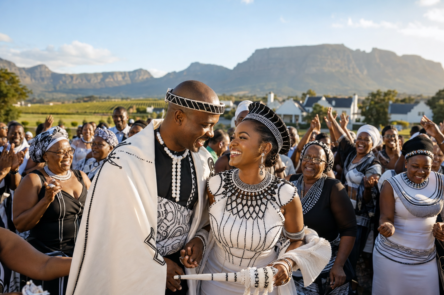 Xhosa couple celebrating their customary marriage with guests against Table Mountain