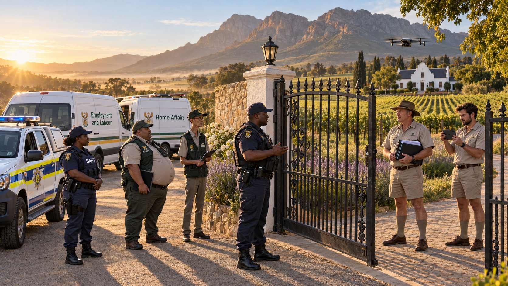 Home Affairs, SAPS and labour officials arriving at a Cape Winelands farm for a workplace inspection