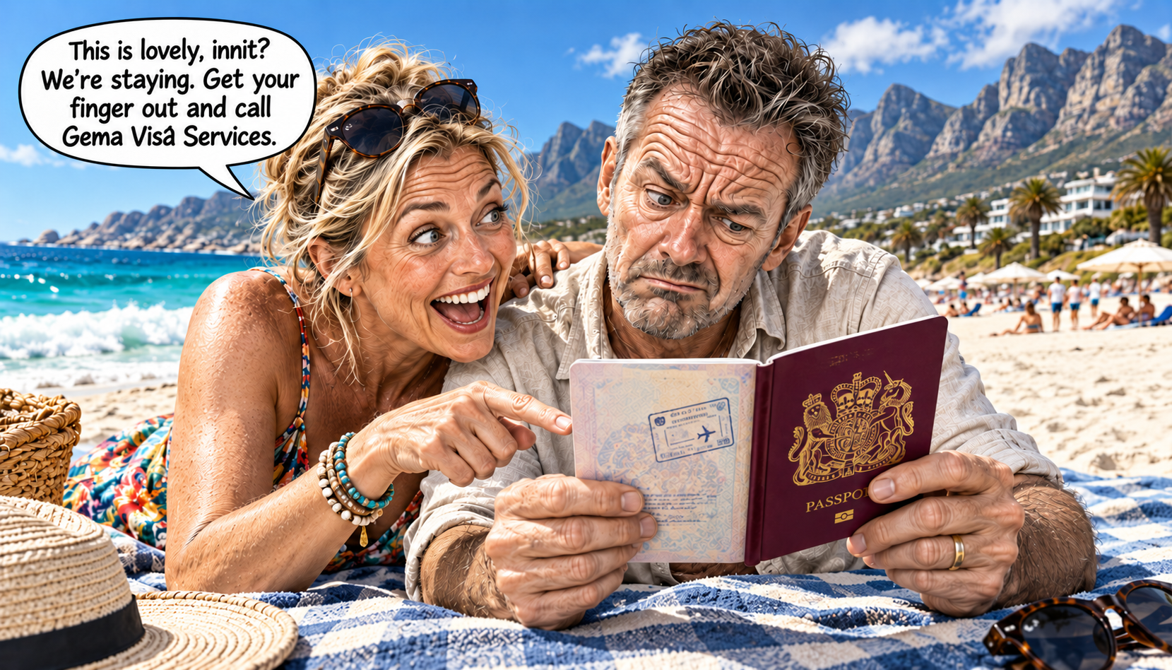 British couple checking their passport while considering a visitor visa extension in South Africa