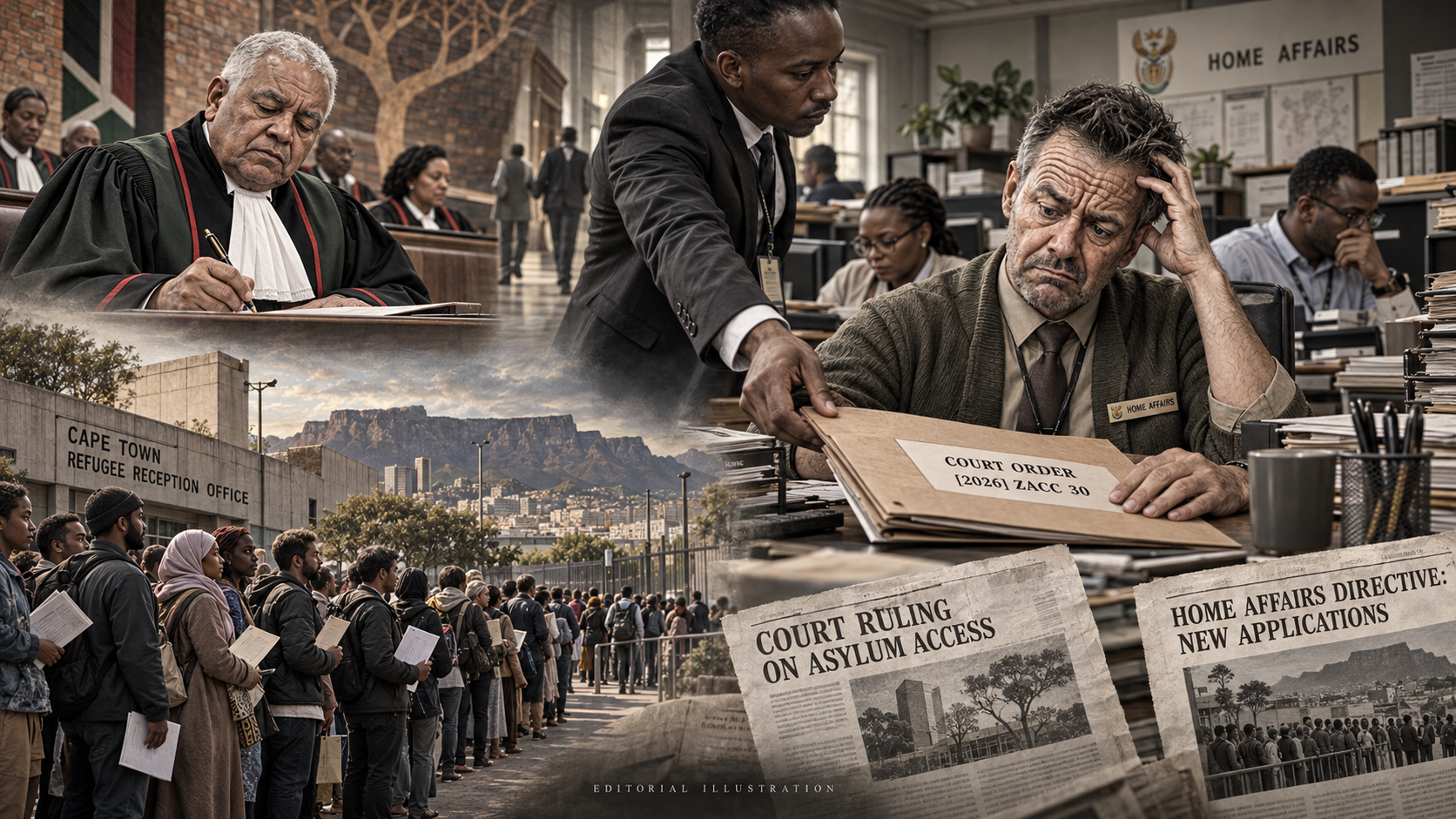 Editorial illustration showing a Constitutional Court justice signing an order, its delivery to a Home Affairs official, and queues outside Cape Town’s Refugee Reception Office.
