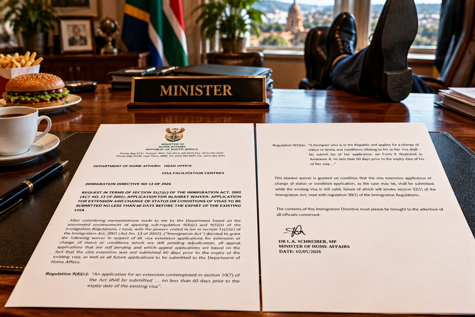 South African Immigration Directive No. 13 of 2026 displayed on the Minister of Home Affairs' desk, concerning the 60-day visa application waiver.